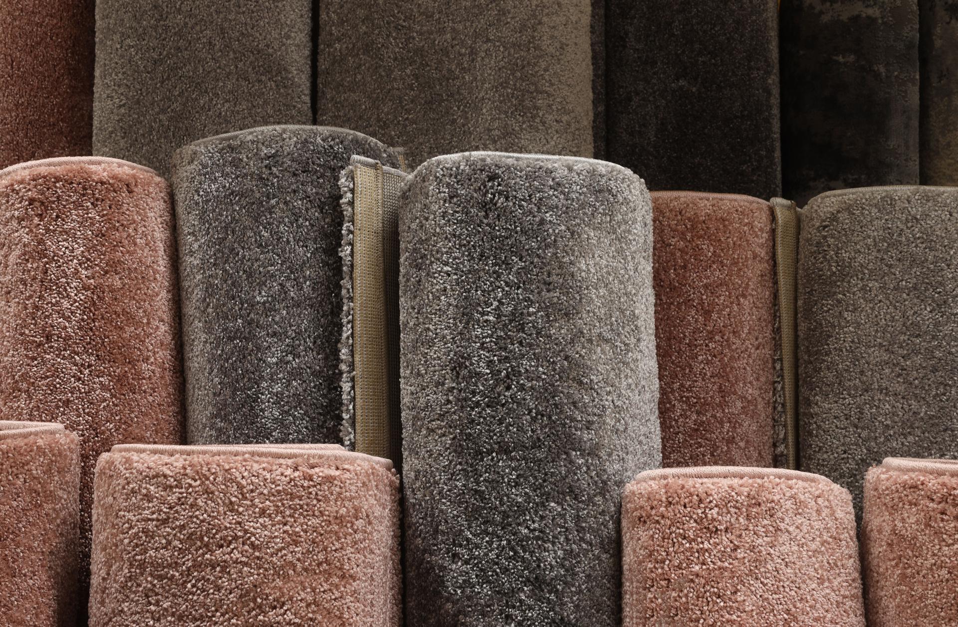Carpets variety selection rolled up rugs shop store lot. Interior design concept idea